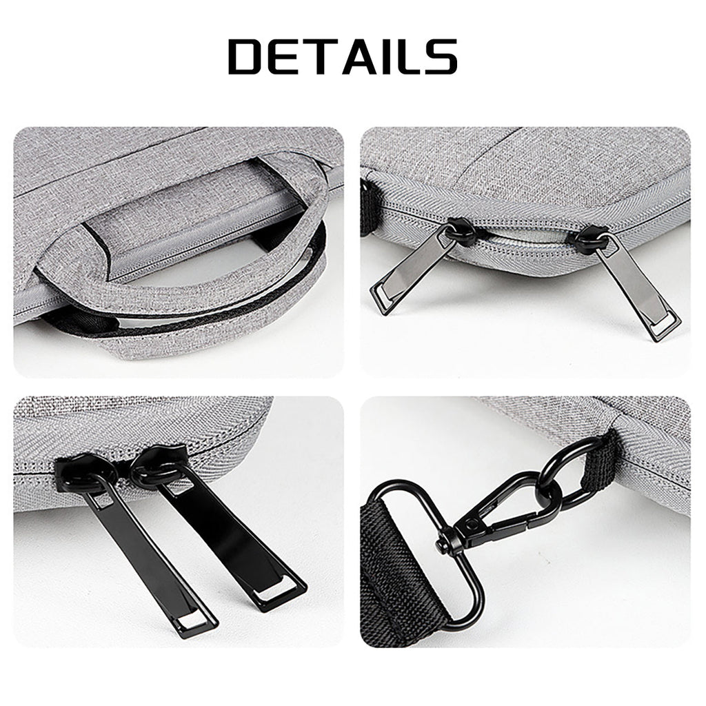 Gray laptop bag detail view of zipper track and metal strap clips on padded panels