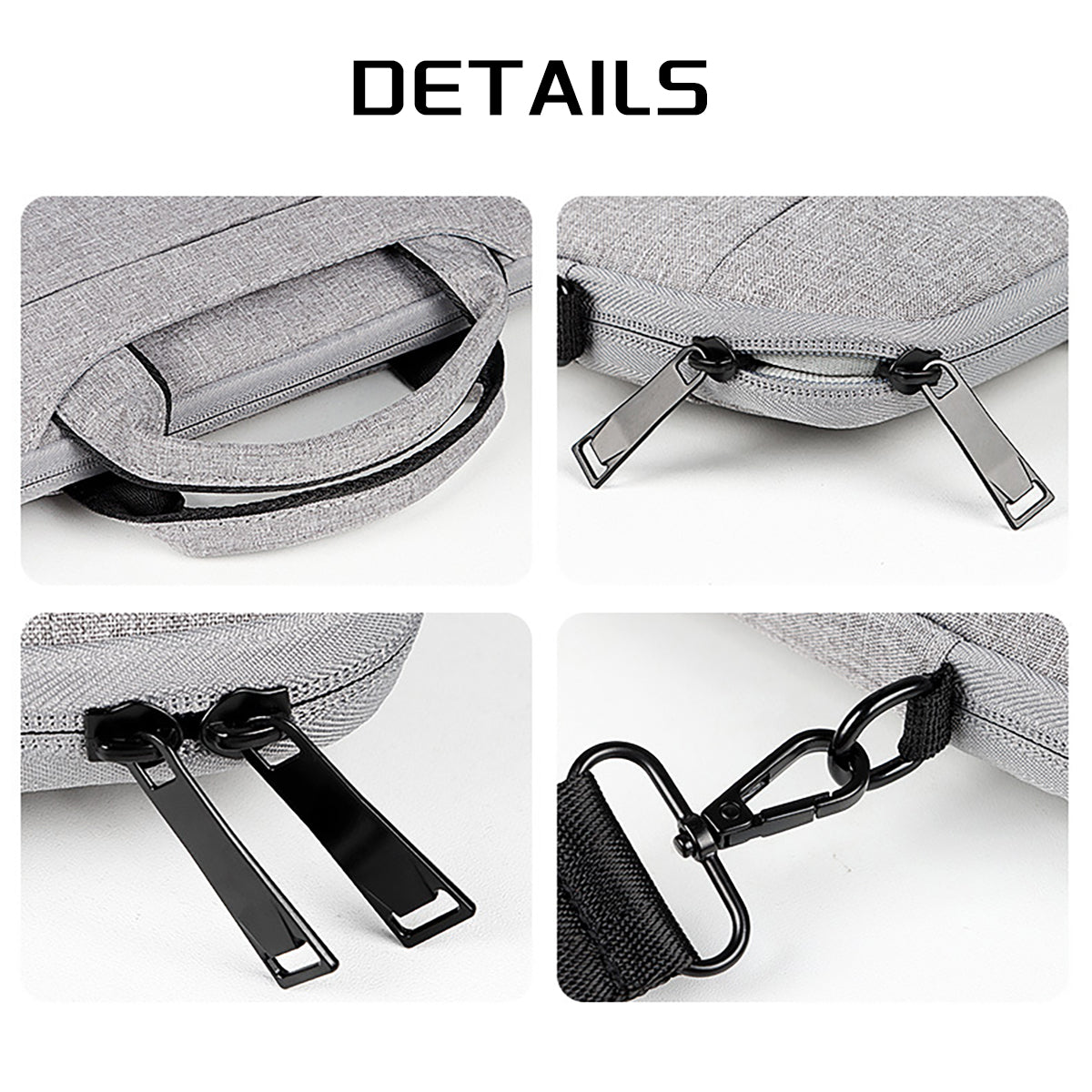 Gray laptop bag detail view of zipper track and metal strap clips on padded panels