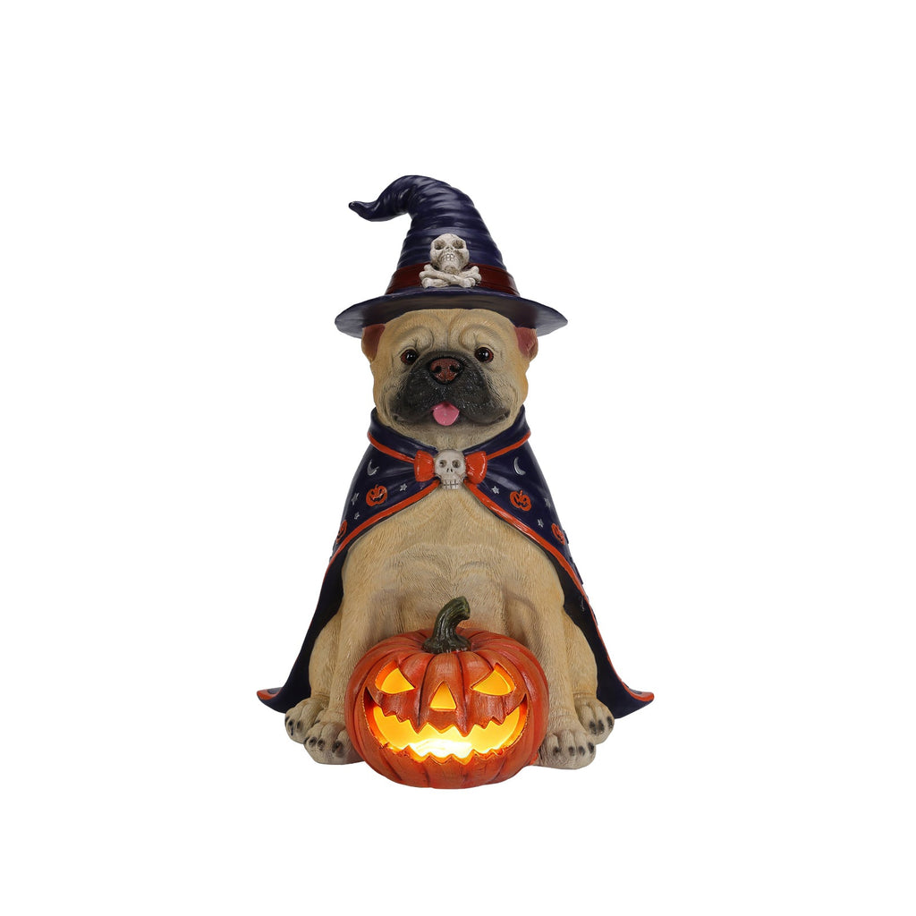 Bulldog witch Halloween statue with glowing orange jack-o-lantern under dark hat
