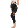 Black fleece-lined belly-support leggings, close-up with flame icon on thigh
