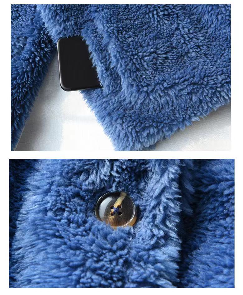 Blue sherpa coat close-up: round button and textured fleece