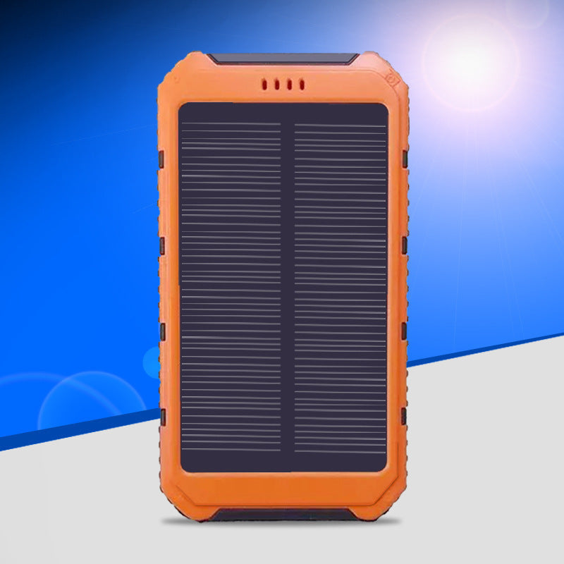Orange rugged solar power bank with built-in solar panel and protective case edges.
