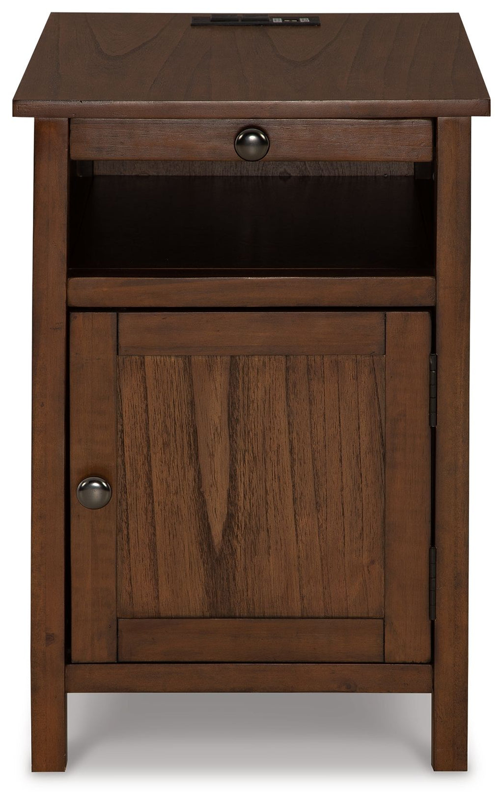 Brown chairside end table with open compartment and cabinet door