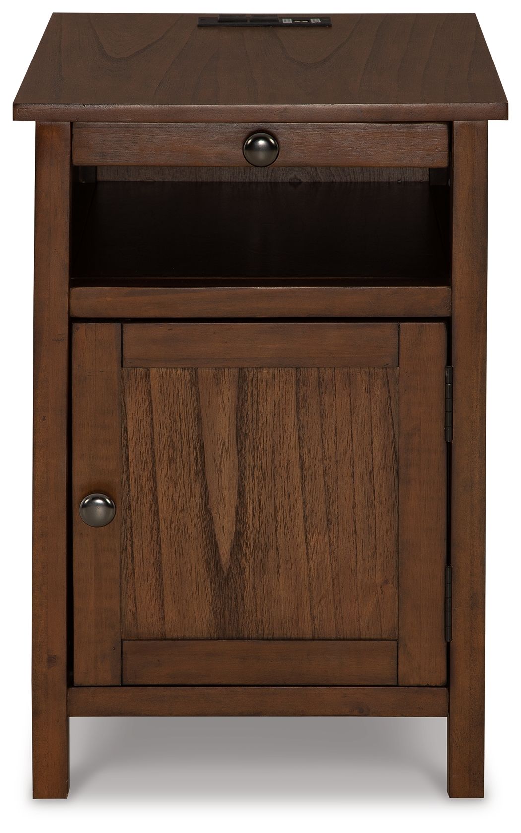 Brown chairside end table with open compartment and cabinet door