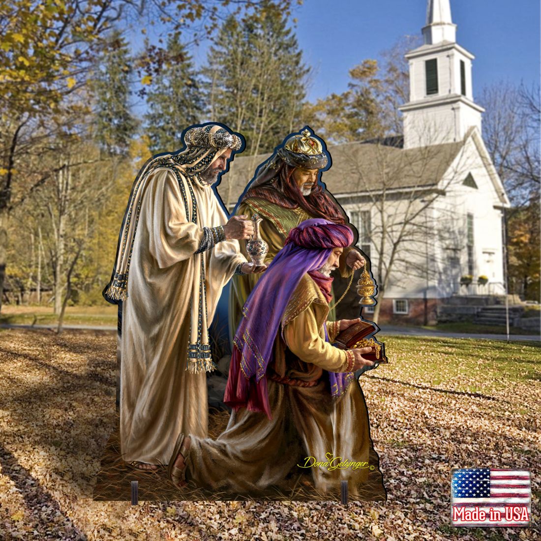 Three Kings nativity outdoor figurine set with ornate gold, green, and purple robes