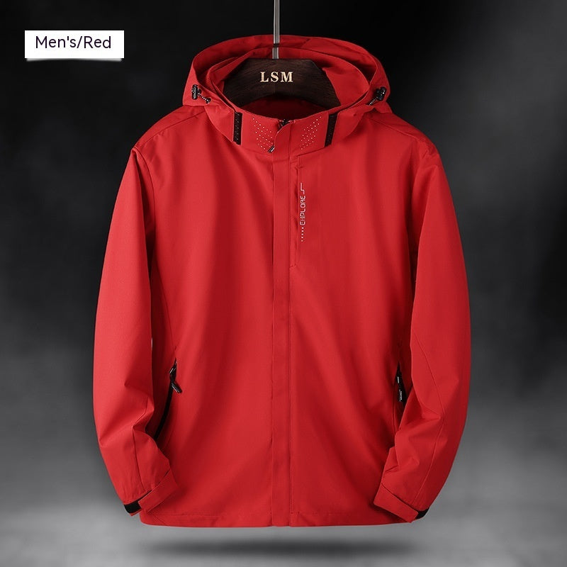 Men's red waterproof hooded jacket on hanger, zip front and side zipper pockets.