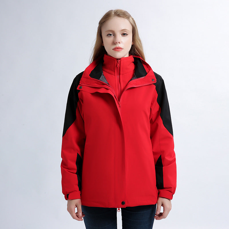 Red hooded shell jacket with full zipper and black contrast side panels