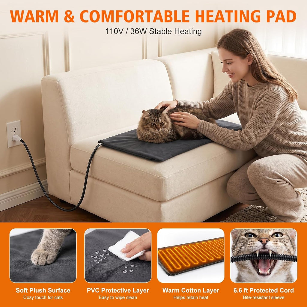 Electric pet heating pad with soft gray surface, protective layer, and cord