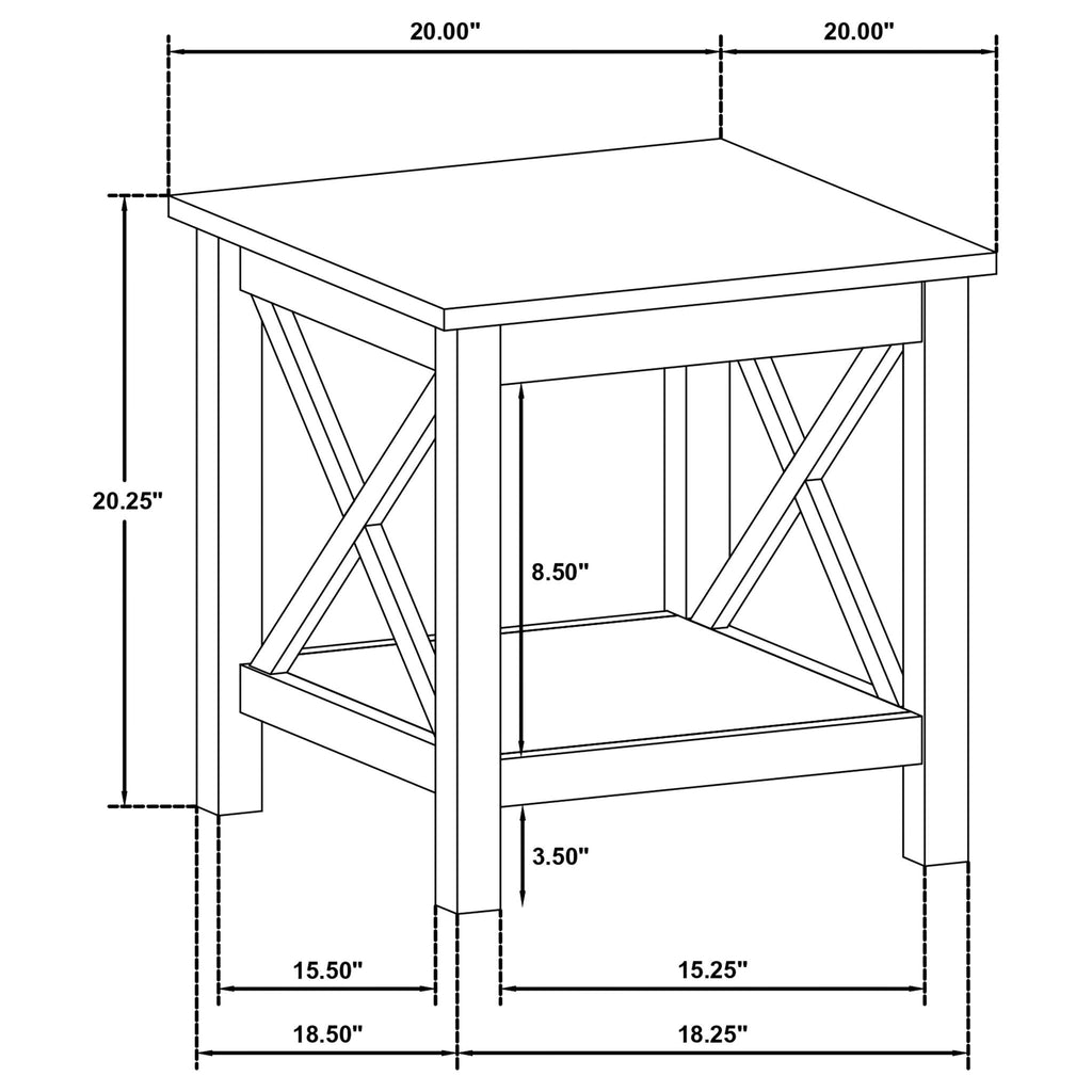 White square side table dimension diagram with open shelf and X supports