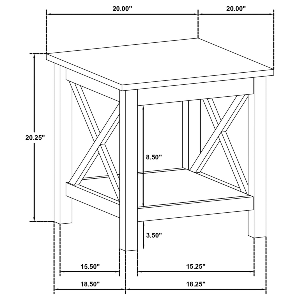 White square side table dimension diagram with open shelf and X supports