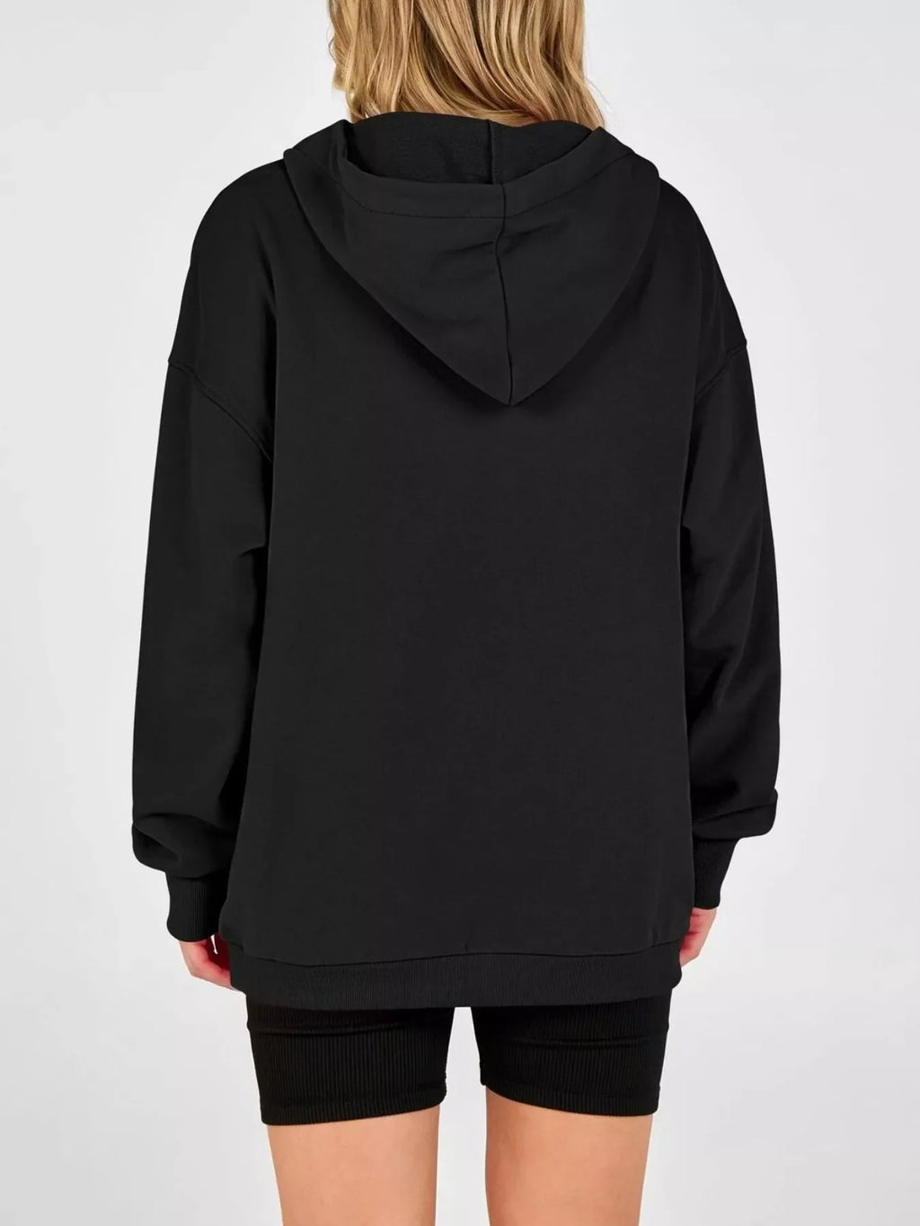 Black back view half-snap hoodie with hood and roomy dropped shoulders