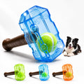 Blue tennis ball bottle dog chew toy with brown handle and green tennis ball