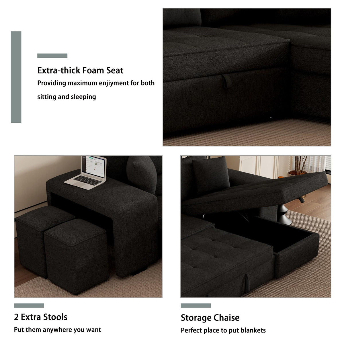 Sectional sleeper sofa features: extra-thick seat, storage chaise, dark gray fabric, 2 stools