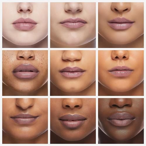 Assorted lip balm swatches on lips in multiple shades