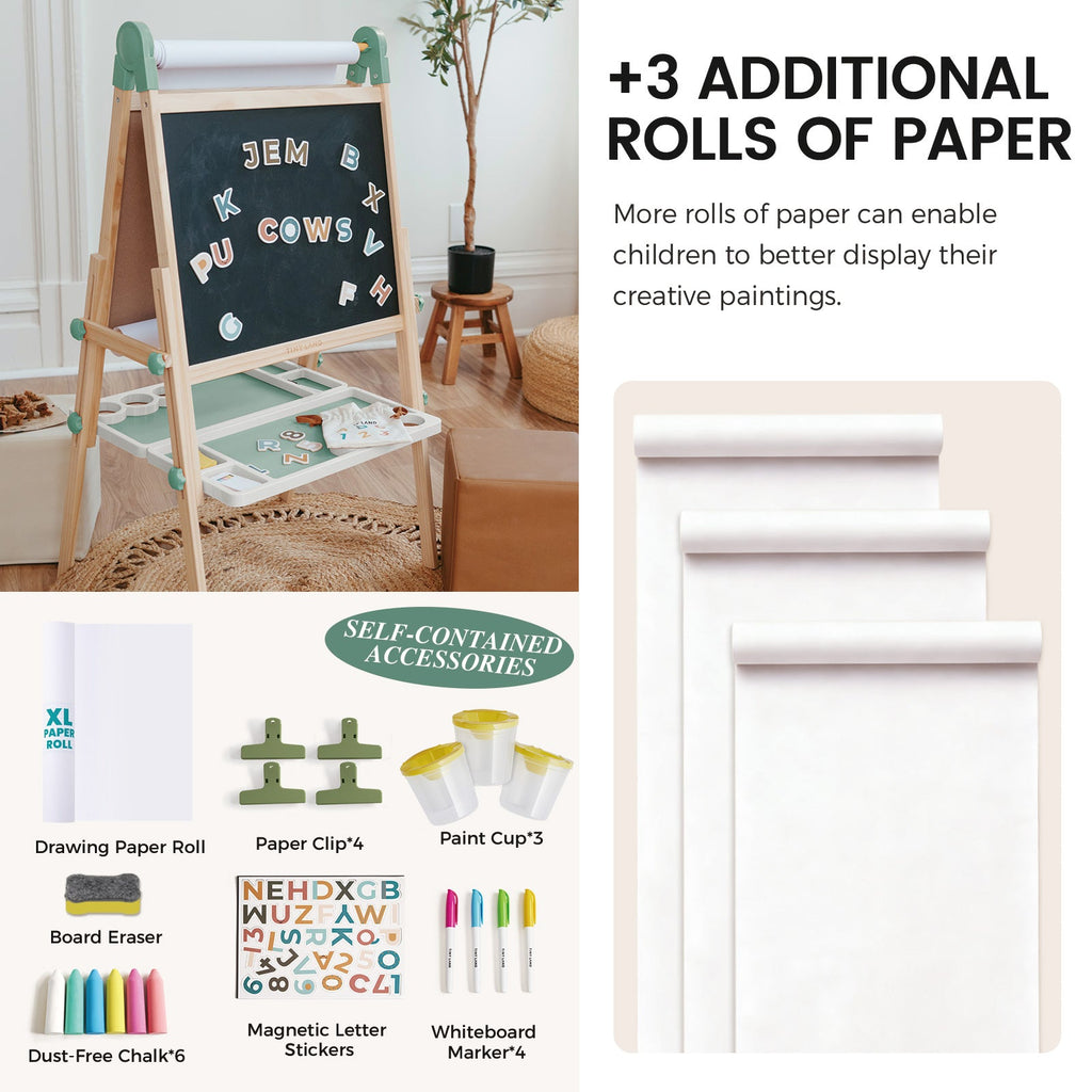 Tiny Land® magnetic art easel with chalkboard surface and storage tray, includes paper rolls