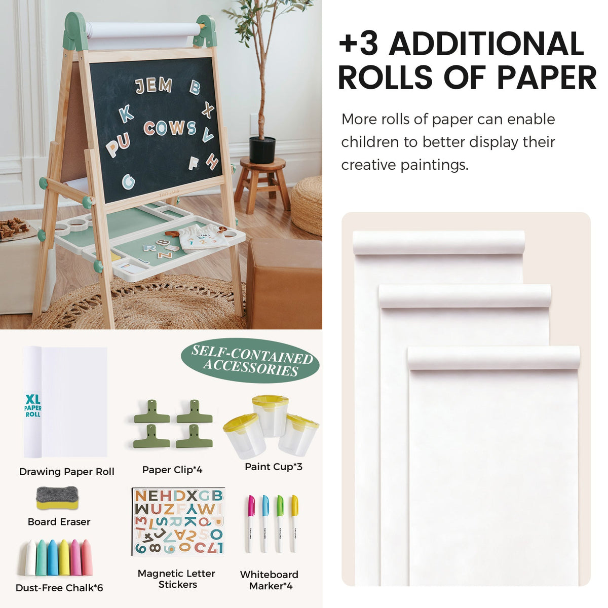 Tiny Land® magnetic art easel with chalkboard surface and storage tray, includes paper rolls