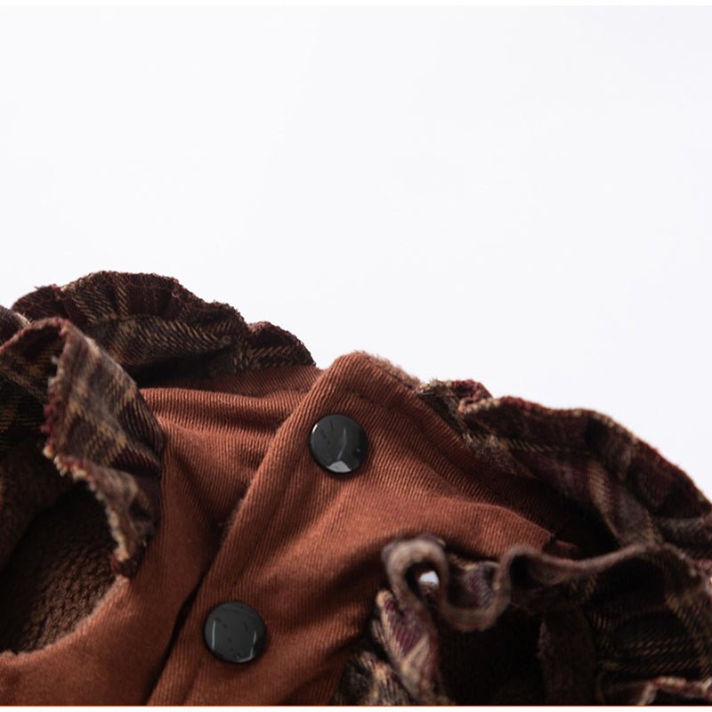 Brown pet sweater dress with plaid ruffled collar and two-button front
