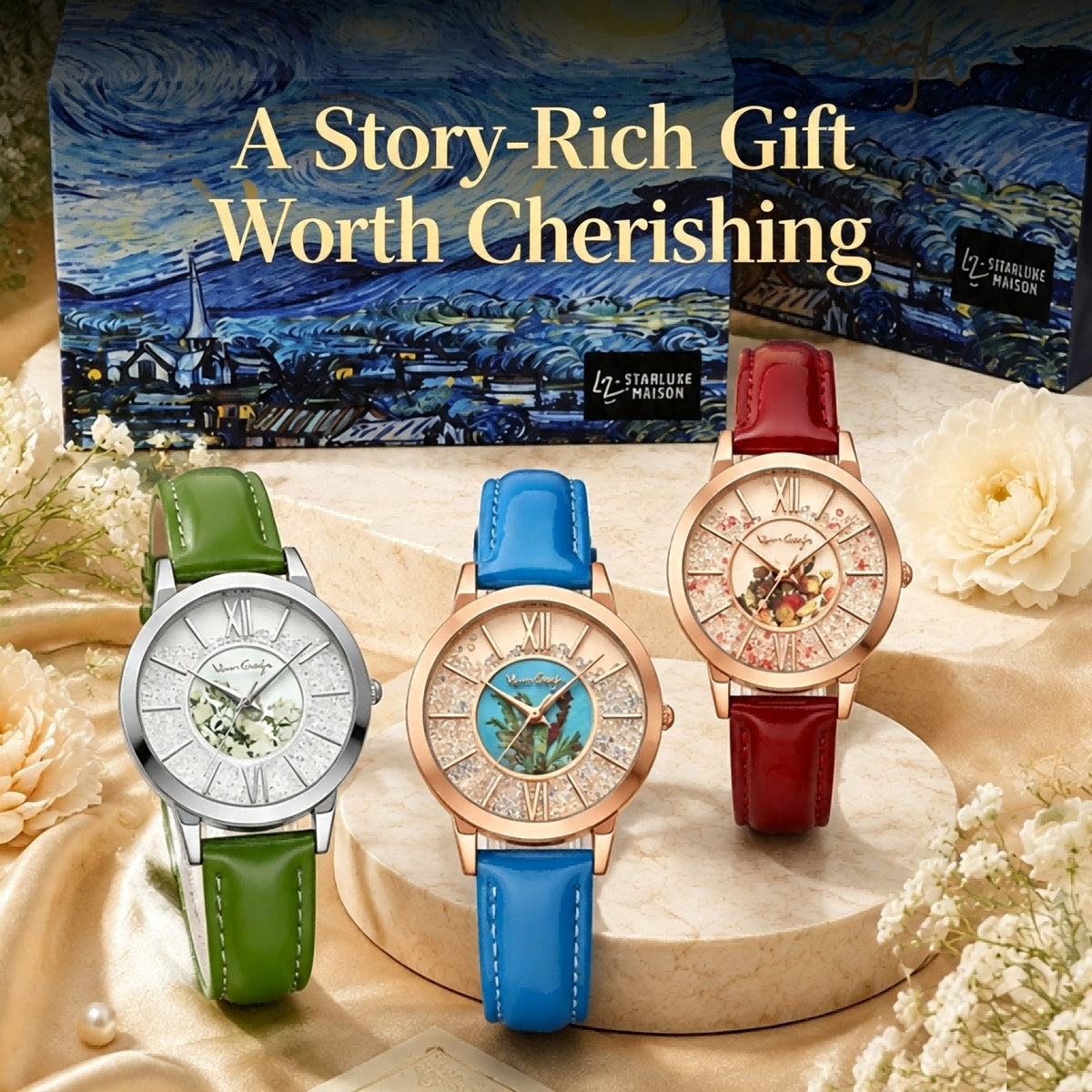 Three-piece quartz watch set with green, blue, and red leather straps