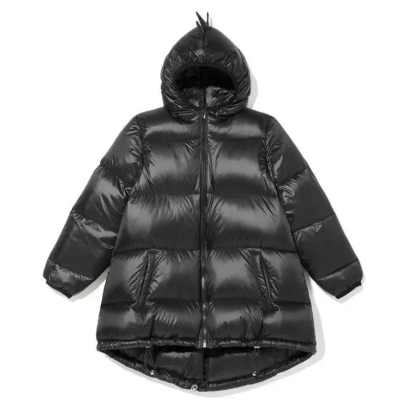 Black hooded puffer jacket with full zipper, side pockets, and spiked dinosaur hood