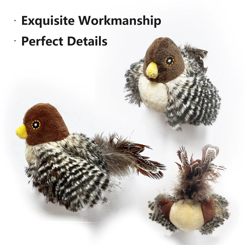 Plush bird cat toy with detailed feathers, brown head, yellow beak, and spotted wing texture
