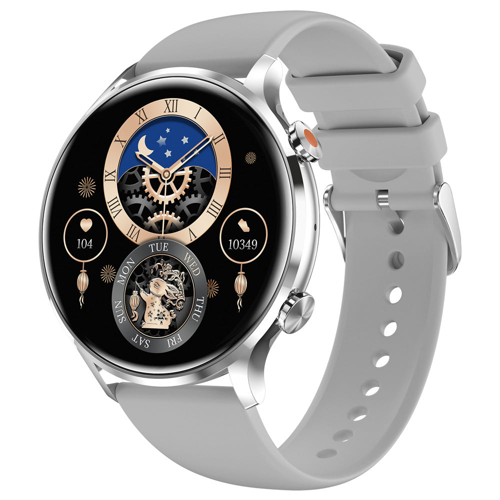 Silver sports smartwatch with black dial and gray silicone band