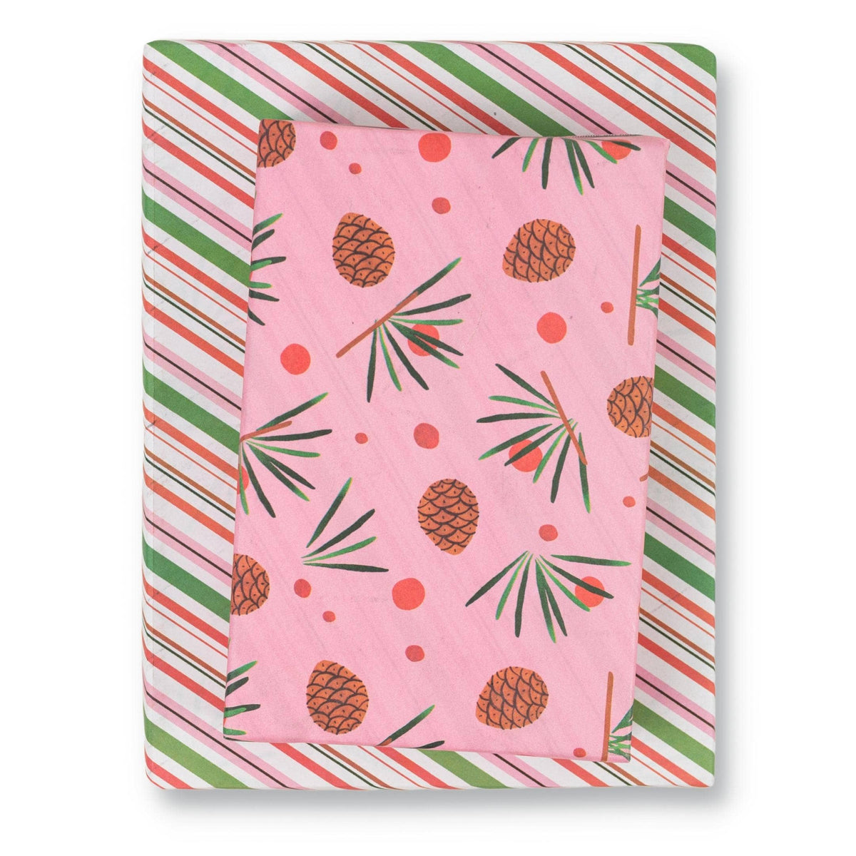 Eco wrapping paper sheet with pink pinecone and pine sprig pattern