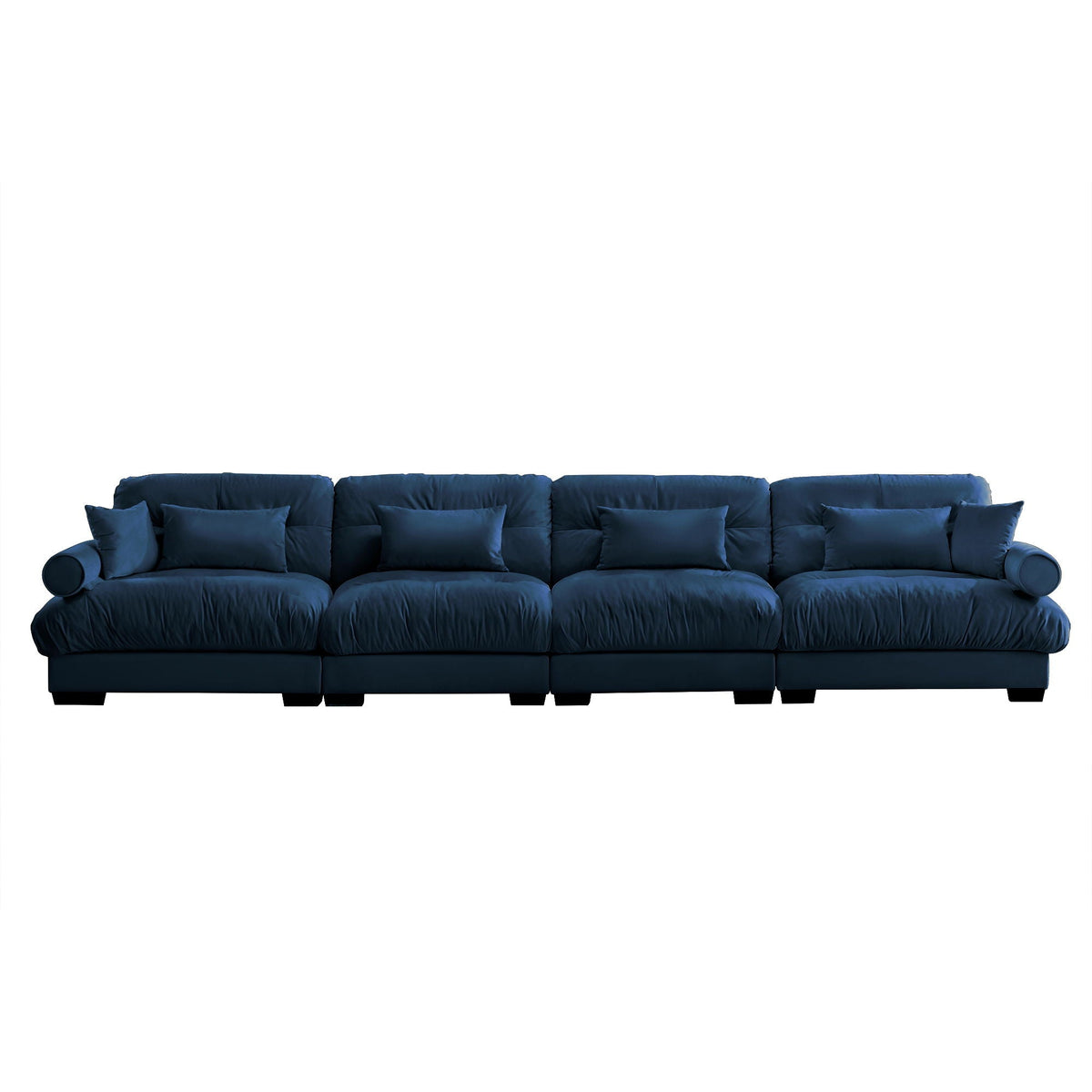Dark blue modular sectional sofa with deep cushions, rolled arms, and block legs