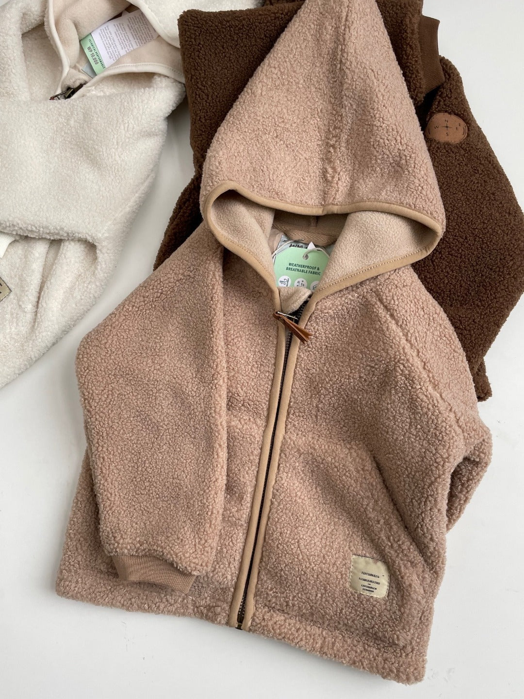 Kids hooded fleece zip-up jacket, taupe teddy pile with front zipper and side pockets