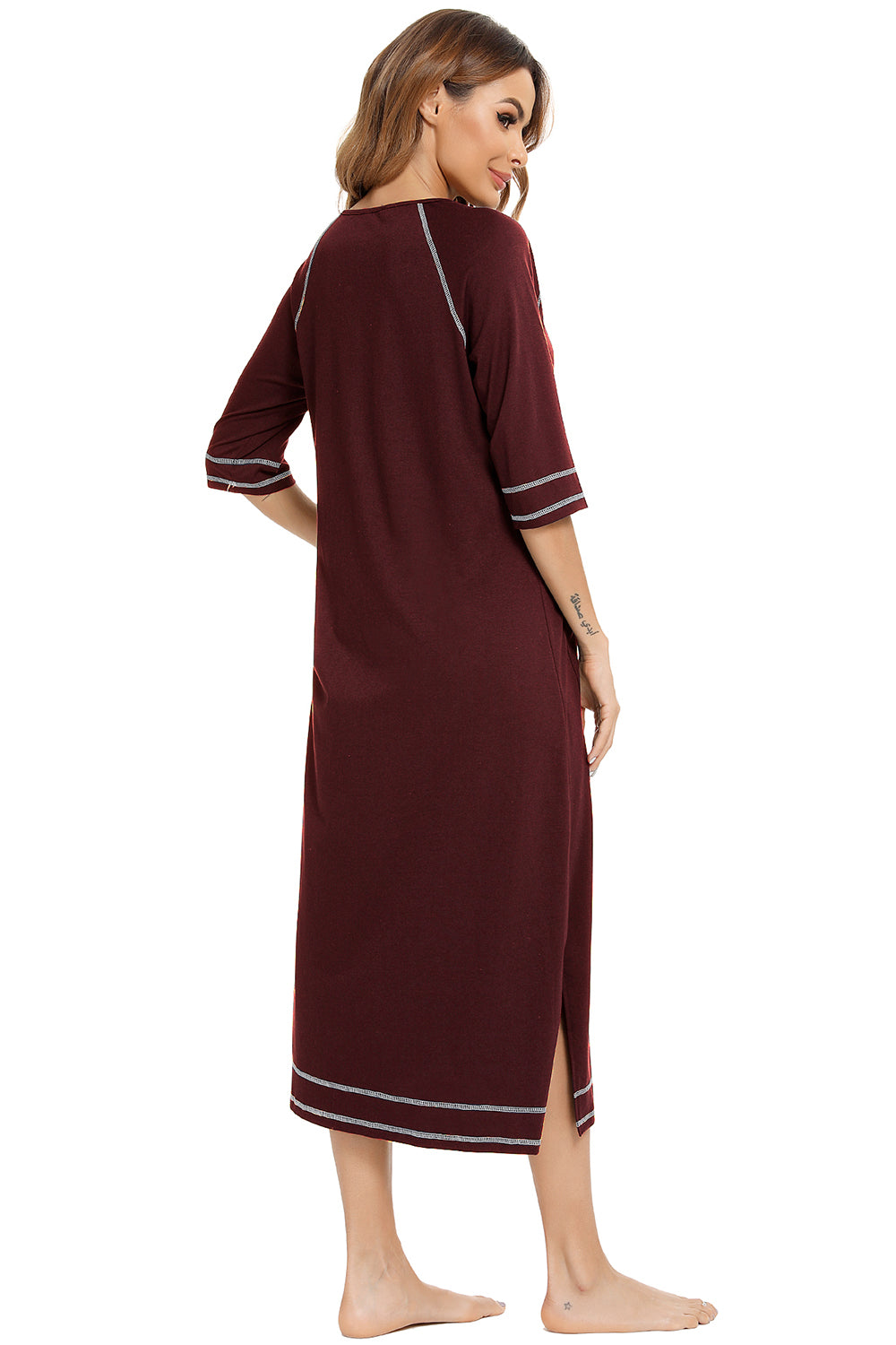 Burnt umber zip-up night dress, back view, round neck and side slit hem with contrast trim