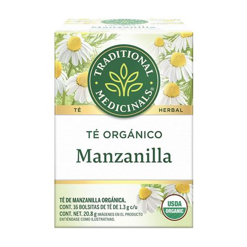 Organic chamomile herbal tea box labeled Manzanilla, USDA Organic seal
