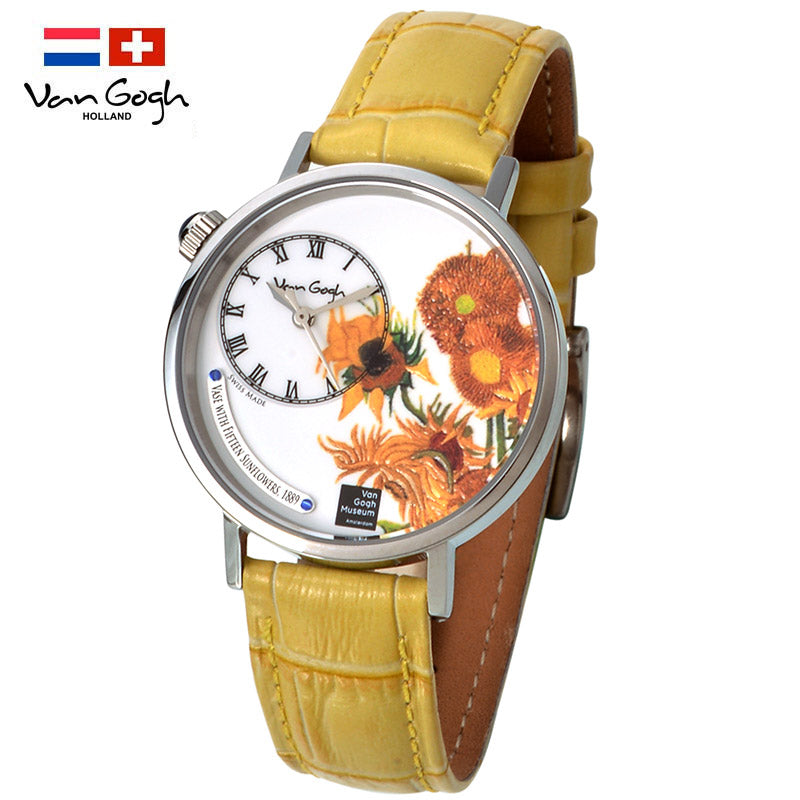 Women’s quartz wristwatch with yellow leather strap and silver-tone dial with orange flowers