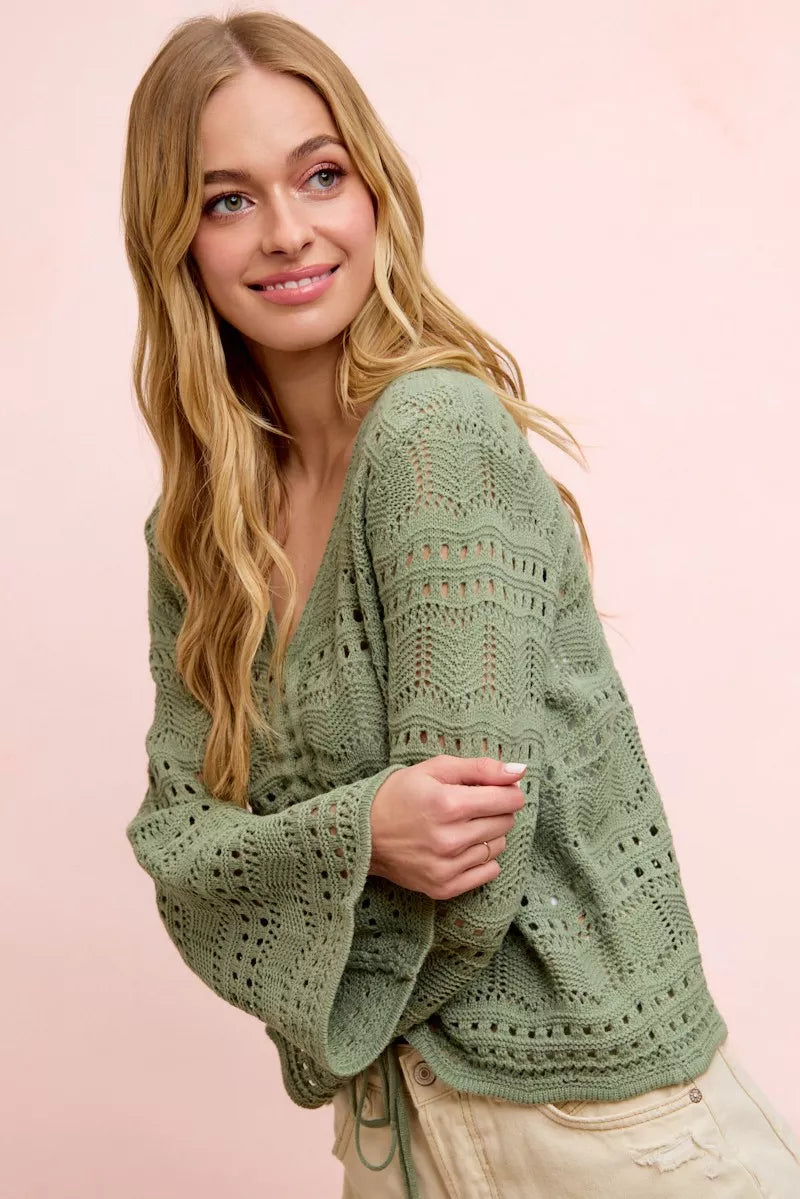 Sage green pointelle knit V-neck ruched front top, long sleeves with subtle openwork