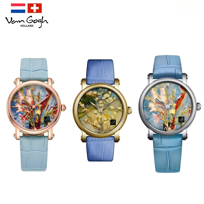 Quartz wristwatch set with blue straps and colorful art face, rose-gold, gold, and silver cases