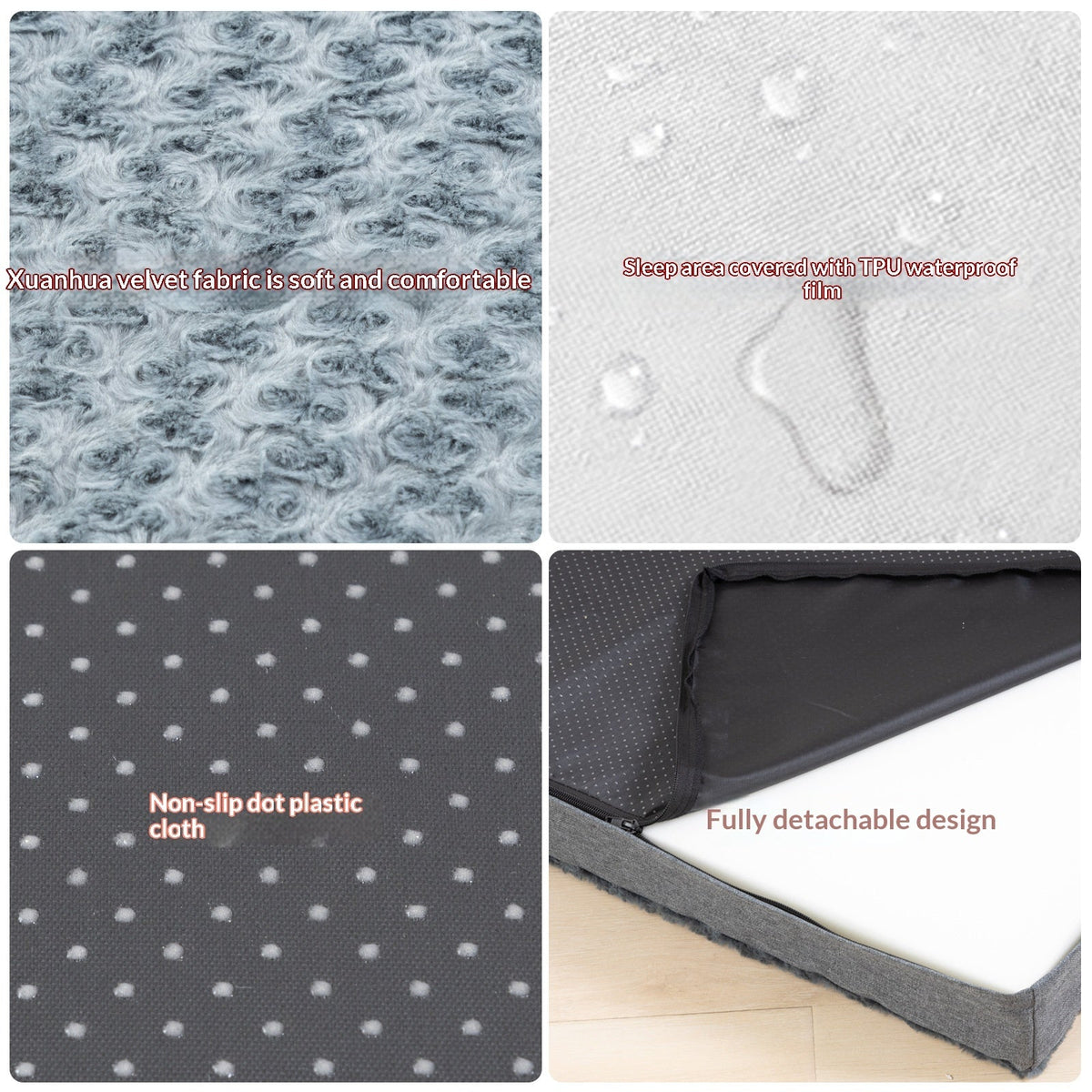 Four-season warm dog bed mat fabric close-up with textured plush and non-slip dots