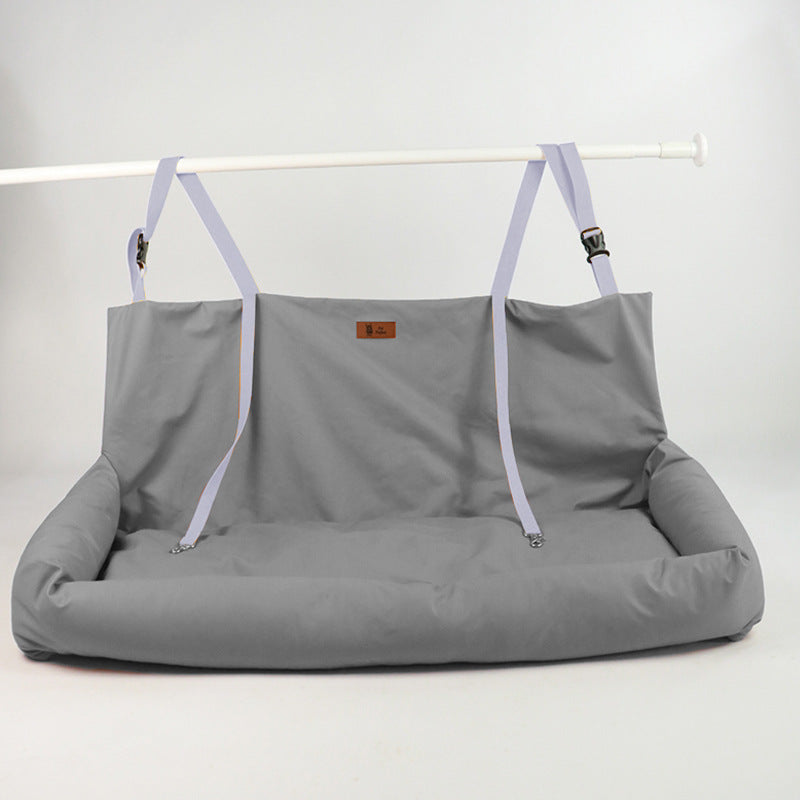 Dual-seat car dog bed, gray waterproof cushion with white support straps