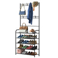 Black metal hall tree with coat hooks, a hat rail, and five shoe shelves