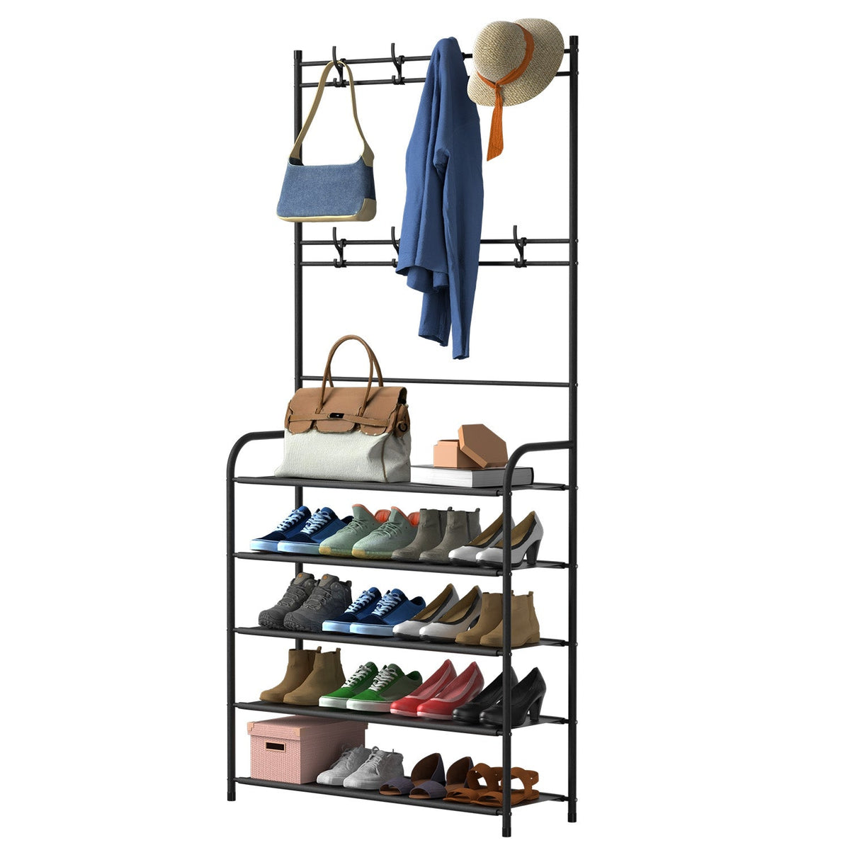 Black metal hall tree with coat hooks, a hat rail, and five shoe shelves