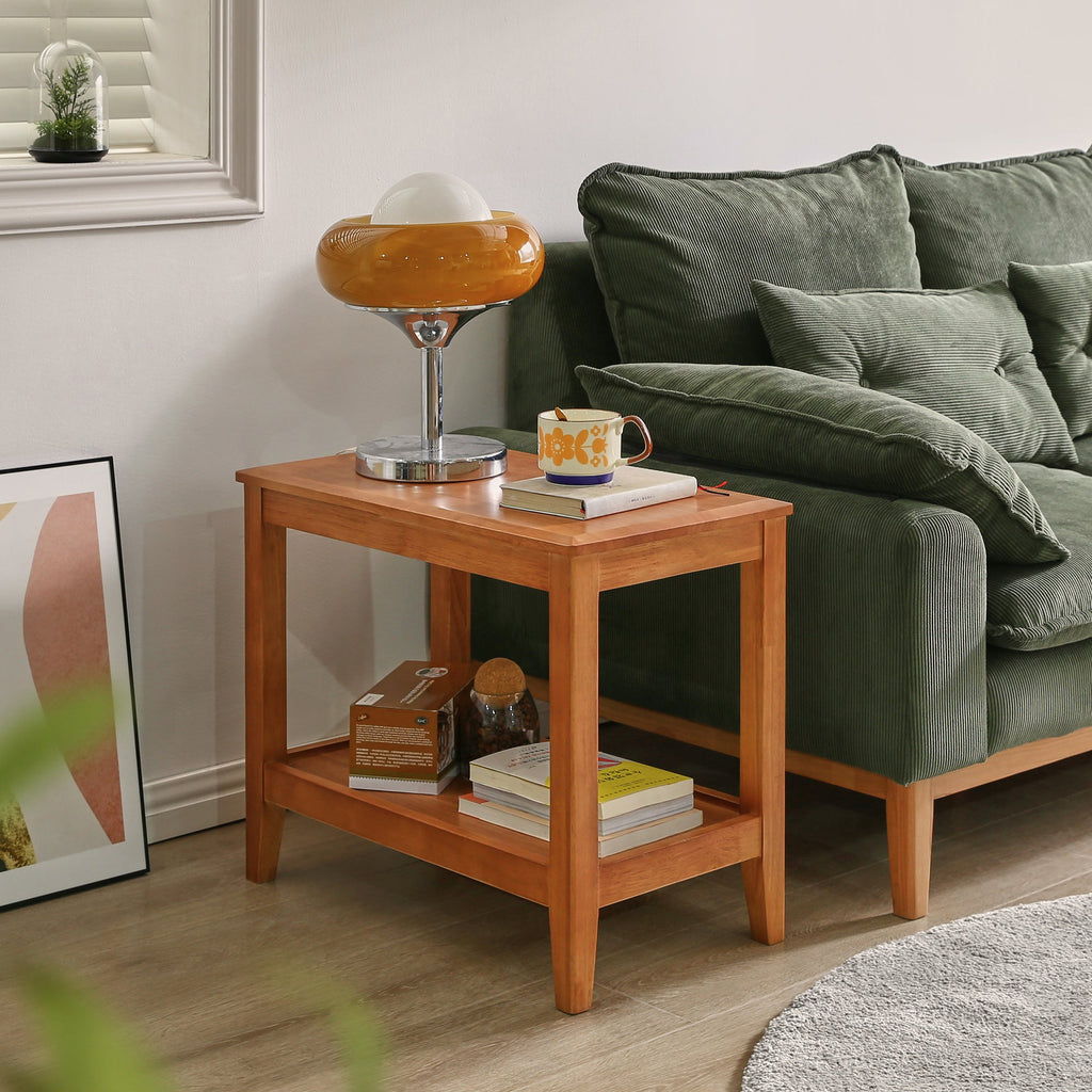 Two-tier solid wood end table with open shelf and rectangular top