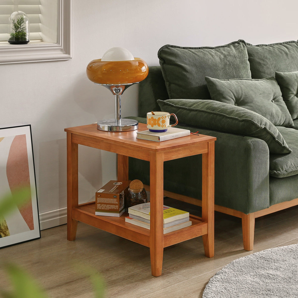 Two-tier solid wood end table with open shelf and rectangular top