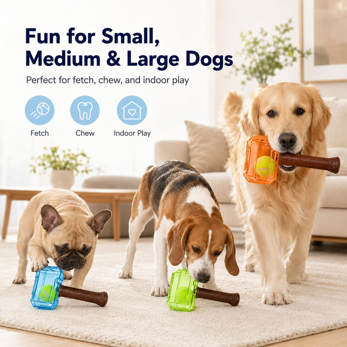 Orange tennis ball bottle dog chew toy with brown handle and tennis ball inside