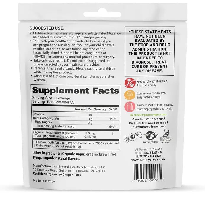 Tummydrops supplement facts panel on the back of the pouch