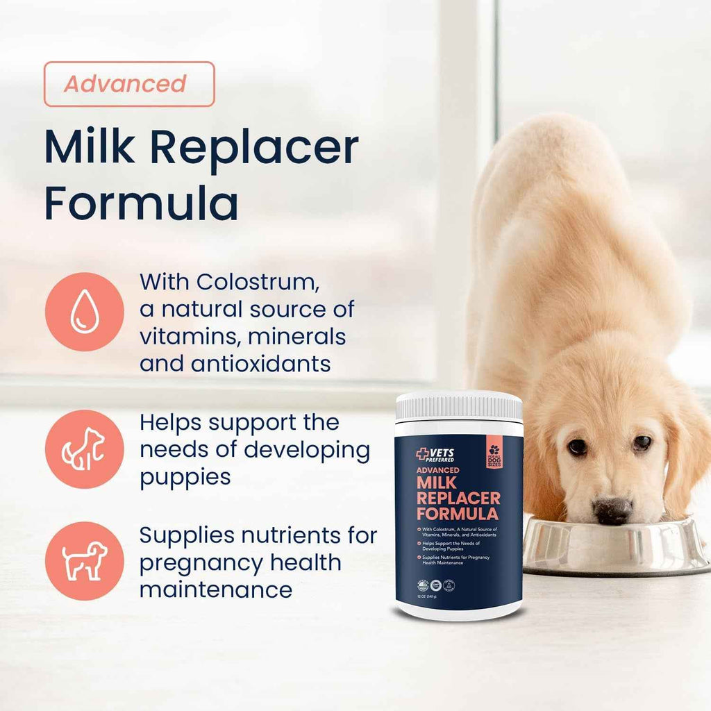 Vets Preferred milk replacer formula tub beside a puppy eating from a bowl
