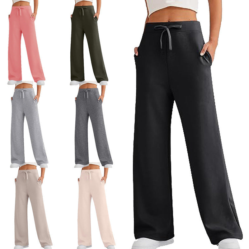 Women's wide-leg pants with elastic drawstring waist and side pockets, shown in multiple colors