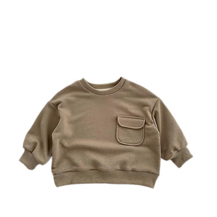 Taupe solid pullover sweatshirt with round neck and front pocket