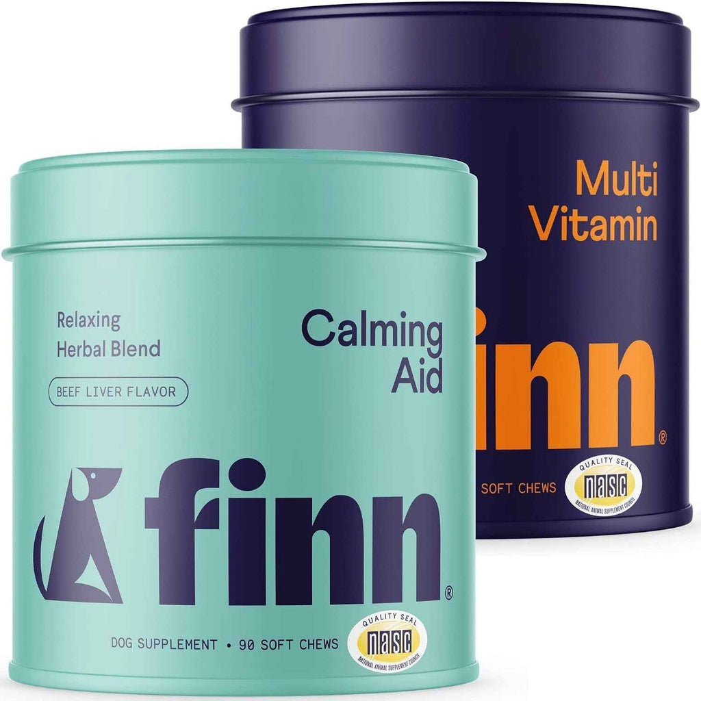 Finn dog supplement bundle with mint calming aid and dark purple multivitamin soft chew tins