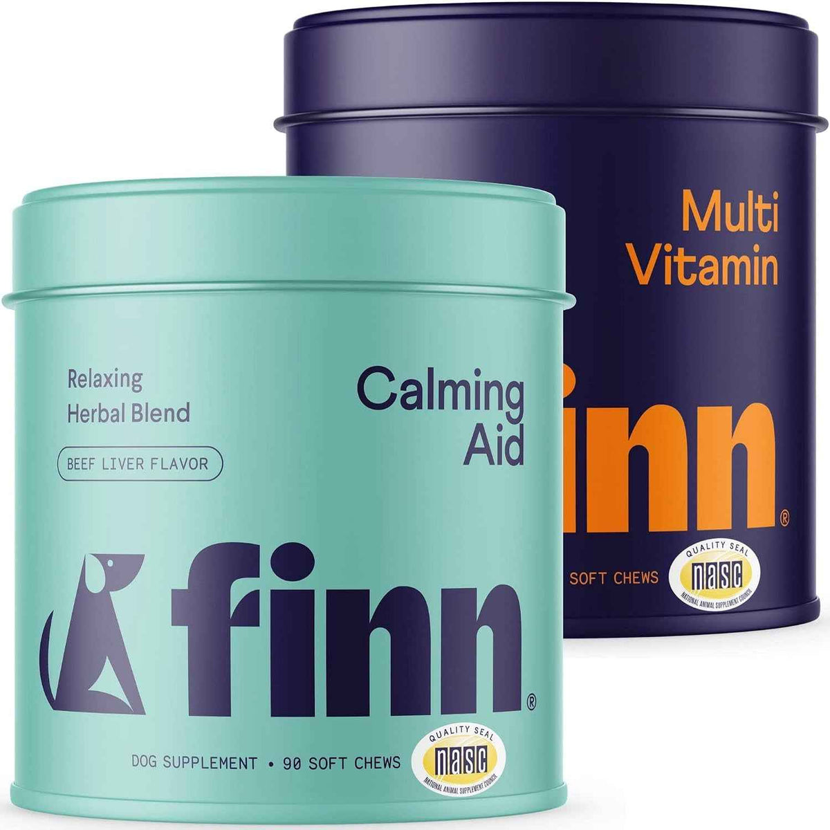 Finn dog supplement bundle with mint calming aid and dark purple multivitamin soft chew tins