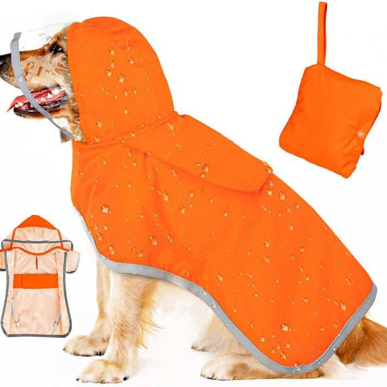 Orange hooded waterproof dog raincoat with transparent face cap and gray trim
