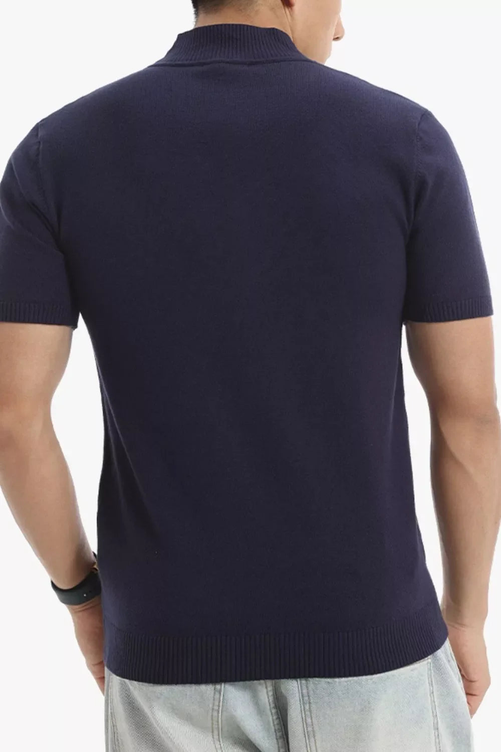 Men's slim-fit short-sleeve sweater with ribbed turtleneck, dark navy knit (back)