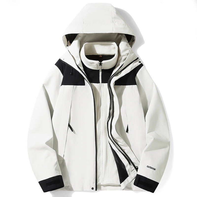 White outdoor jacket with hood, full zipper, and black contrast panels