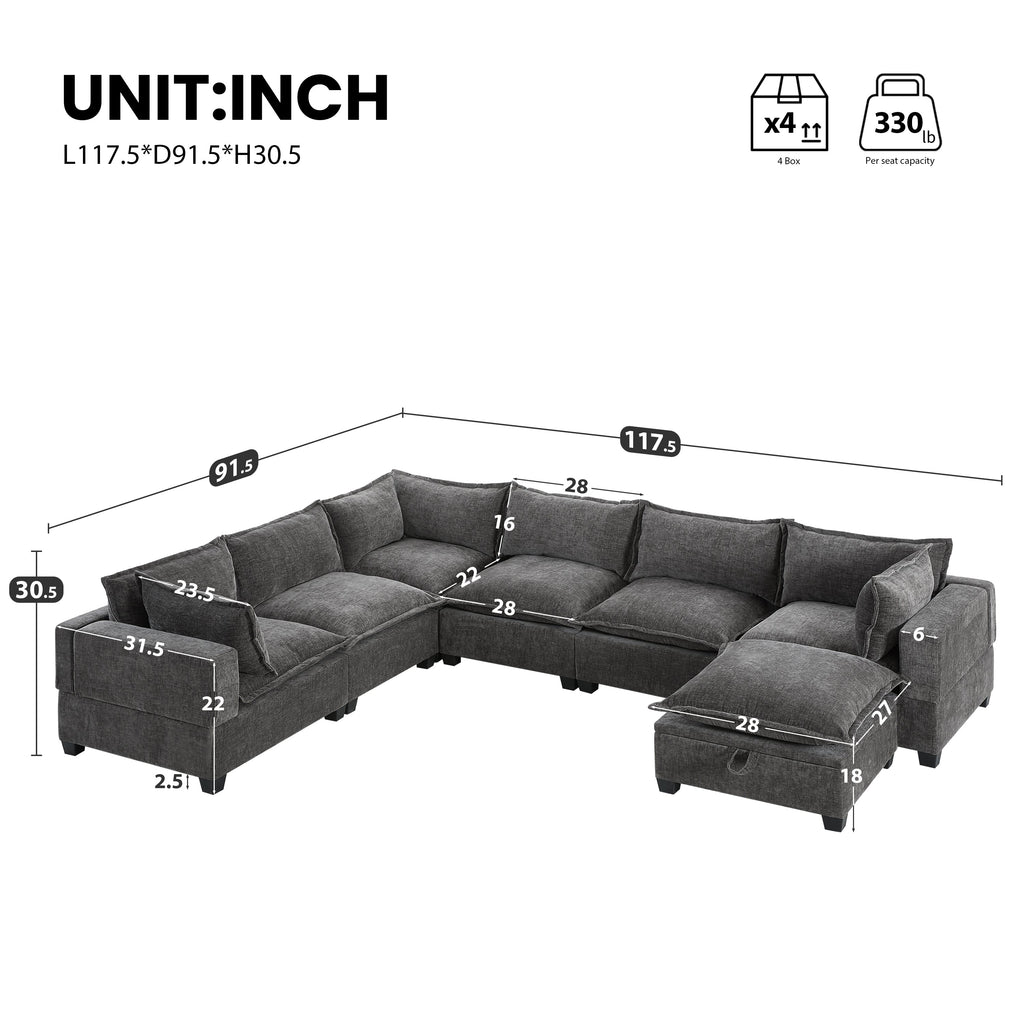 Gray modular sectional sofa layout diagram with measurements and ottoman modules.